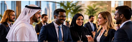 Diverse group of business professionals networking
