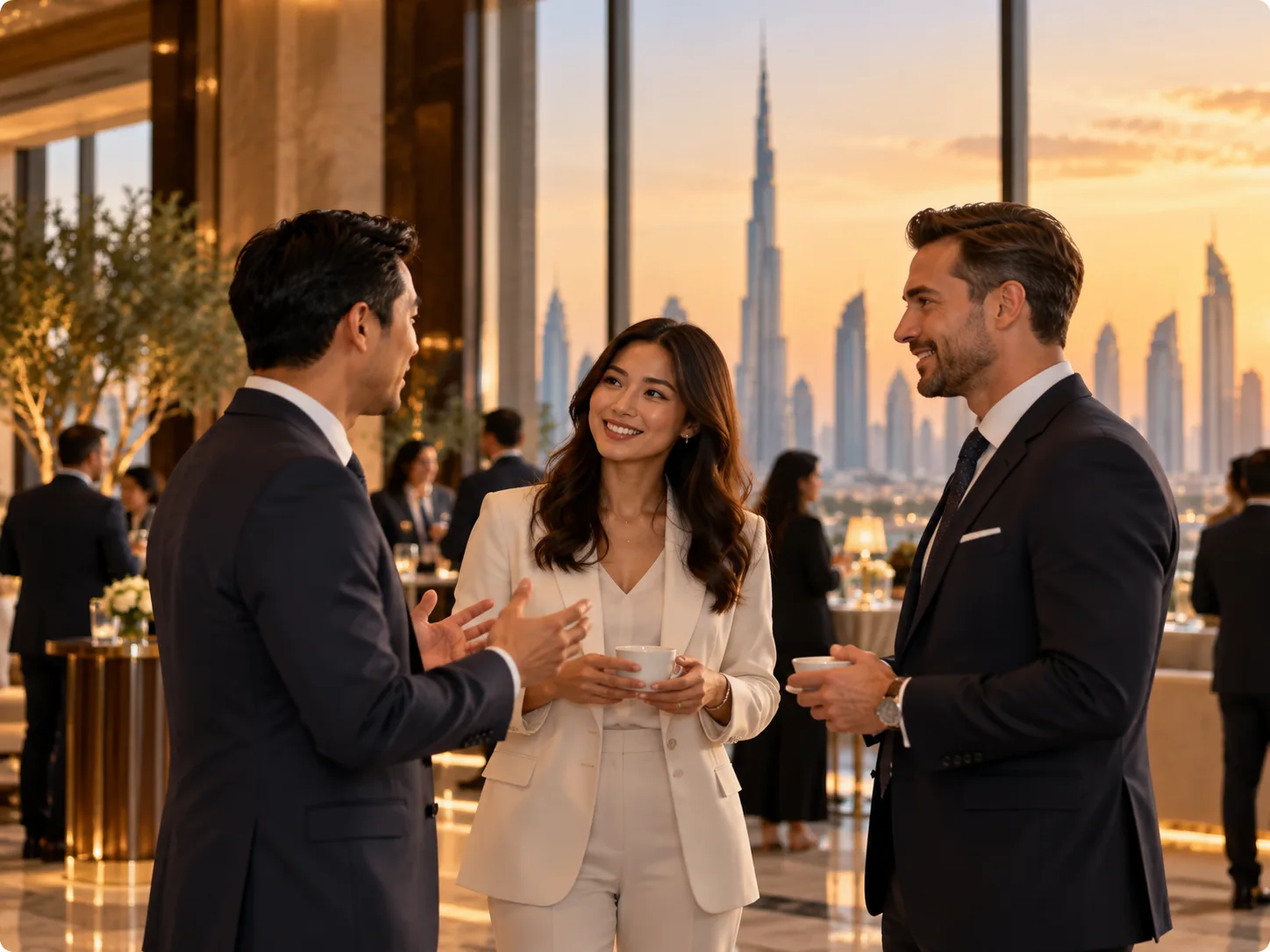 Business professionals connecting over coffee at a premium Dubai networking reception